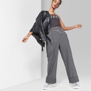 High Rise Wide Leg Cuffed Black White Plaid Pants